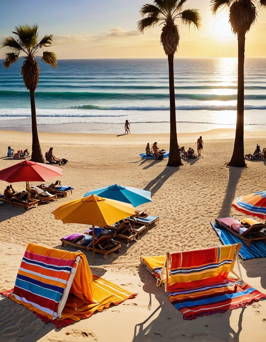 A vibrant beach scene featuring stylish sunbathers lounging on colorful towels, while others surf in the background with colorful surfboards. The setting should include essential beach accessories like chic sun hats, trendy sunglasses, and stylish beach bags scattered around. The sun should be setting, casting a warm golden glow over the beach, enhancing the lively atmosphere. Capture the excitement of both sunbathing and surfing in a harmonious composition. vibrant colors. super-realistic.