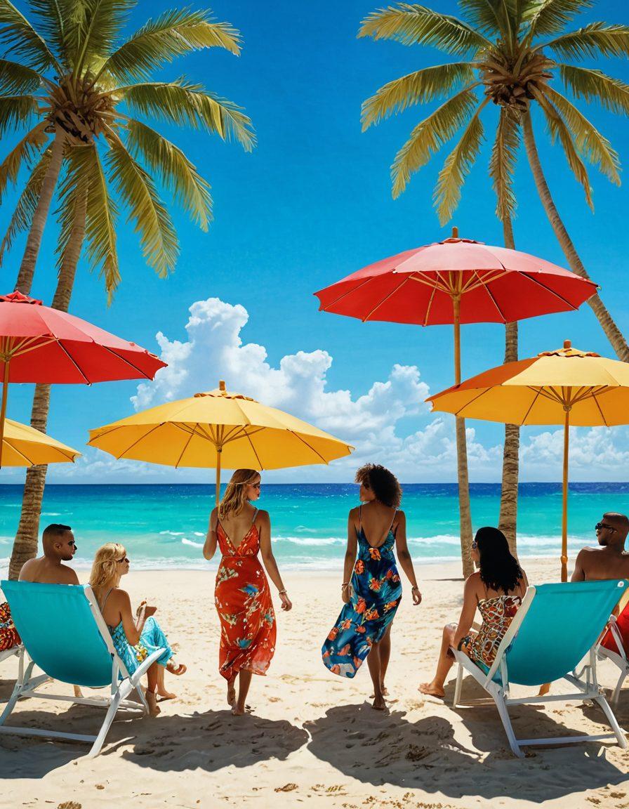 A vibrant beach scene showcasing a diverse group of stylish individuals in tropical summer outfits, featuring bold floral prints and bright, lightweight fabrics. Include elements like palm trees, a sparkling turquoise ocean, and colorful beach umbrellas to create an inviting atmosphere. The scene should be lively and fashionable, portraying confidence and fun in a sunny environment. super-realistic. vibrant colors. 3D.